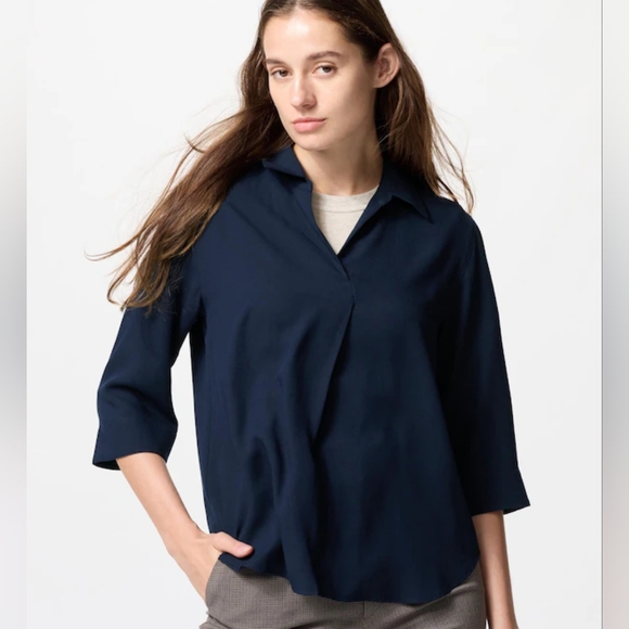 Uniqlo Collar Skipper Blouse 3/4 Sleeve Navy Blue - Picture 1 of 6